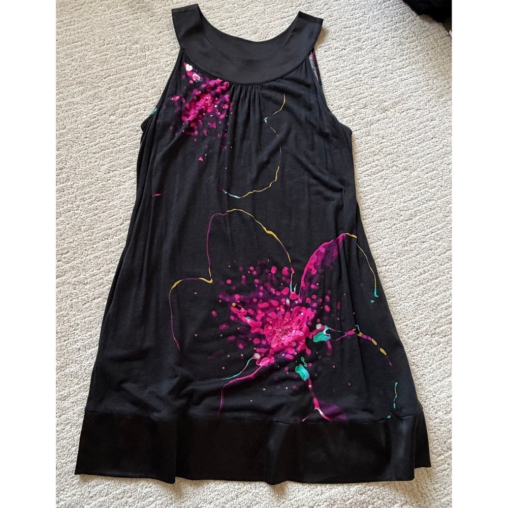 Express Black Floral Sequin Sleeveless Mini Dress LG Satin Trim Pockets VTG Y2K